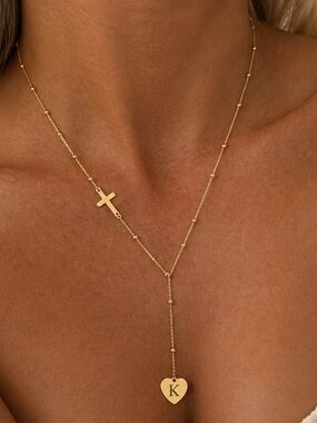 Cross and Initial Heart Lariat Necklace - Personalized K 18K golden plated R 579